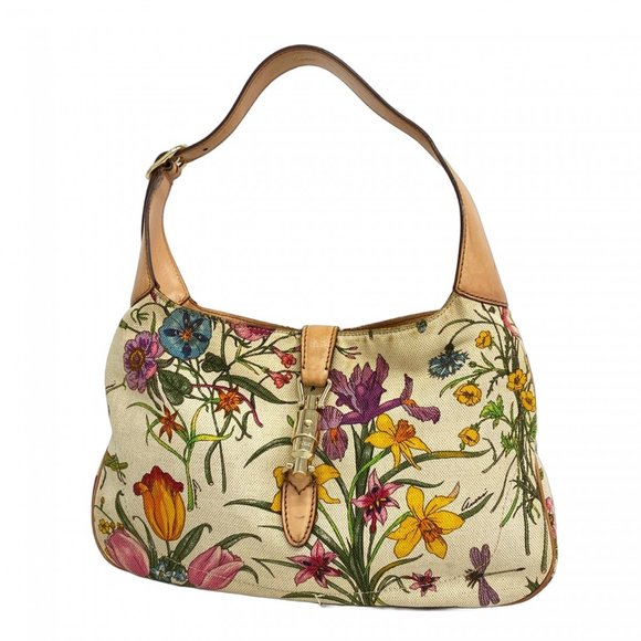 Gucci Flora New Jackie Shoulder Bag 137335 Canvas Beige Multicolor Champagne ... - Picture 1 of 12